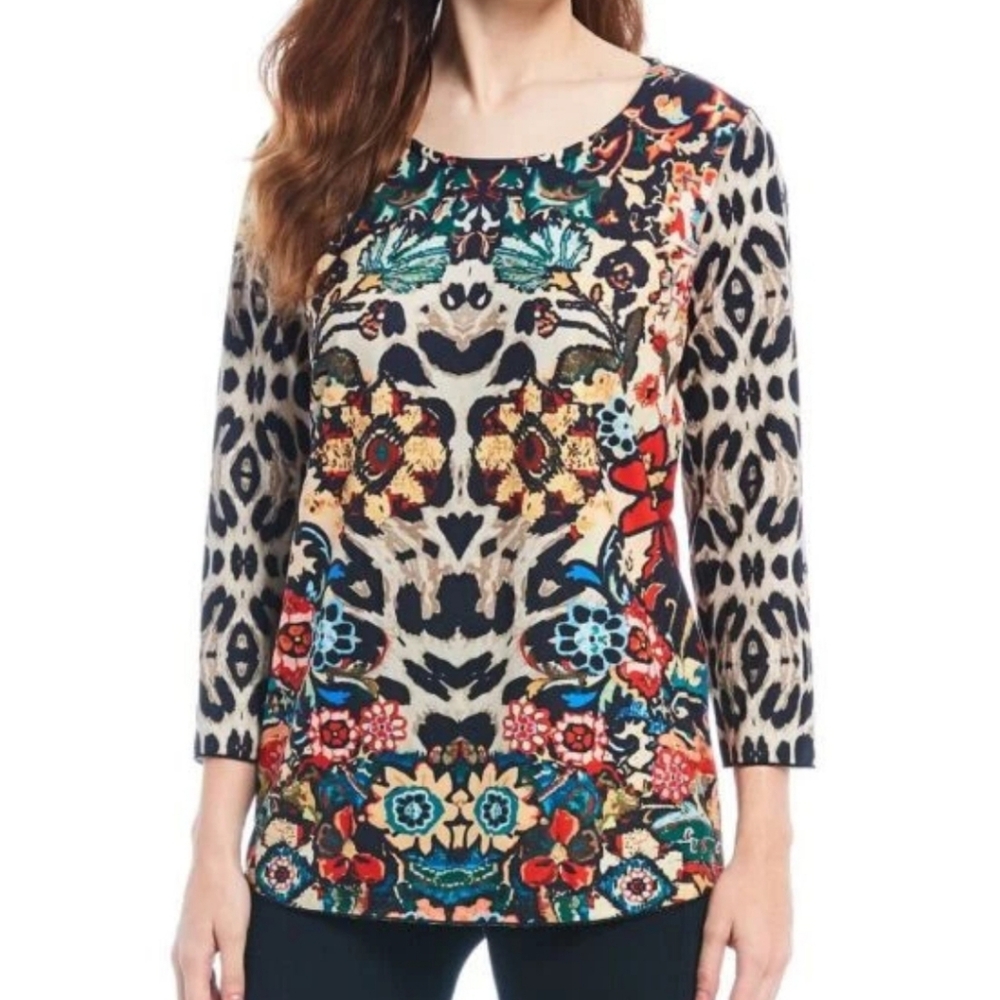 Ali Miles Tunic Top Stretch Floral Animal Print Abstract Artsy Boho Chic